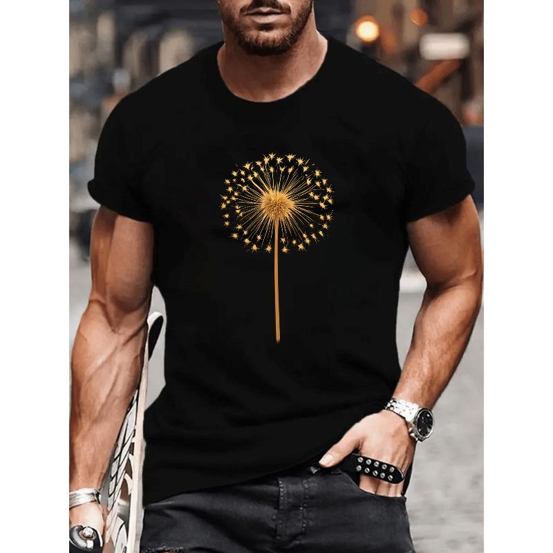 

European sizes Golden Dandelion Line Seed Pattern Print, Men s Fashion Clothing, Men s Casual Short-sleeved Round-neck Pattern Printed T-shirt, 4XL чорний