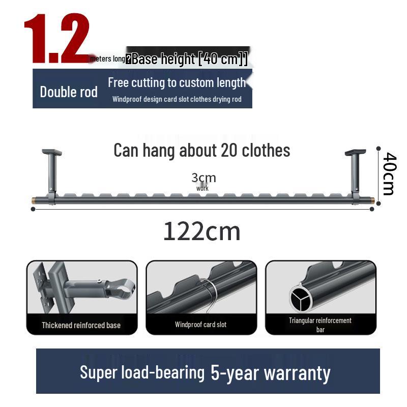 Aluminum Windproof Balcony Drying Rod - Top-Mounted, Hole-Punching Design for Secure Clothes Hanging