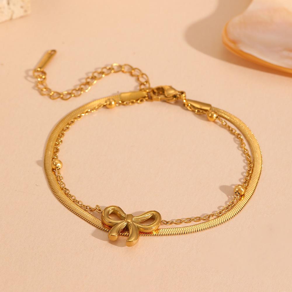 Cross Stainless Steel Double-Layer Bow Knot Anklet with Colorfast 18K Electroplated Bead Clasp