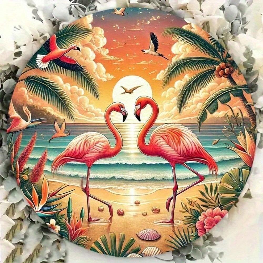 Vintage Retro 8x8 Inch Round Metal Wall Art Tropical Flamingo Sunset Tin Sign For Home Bar Cafe Kitchen Decor