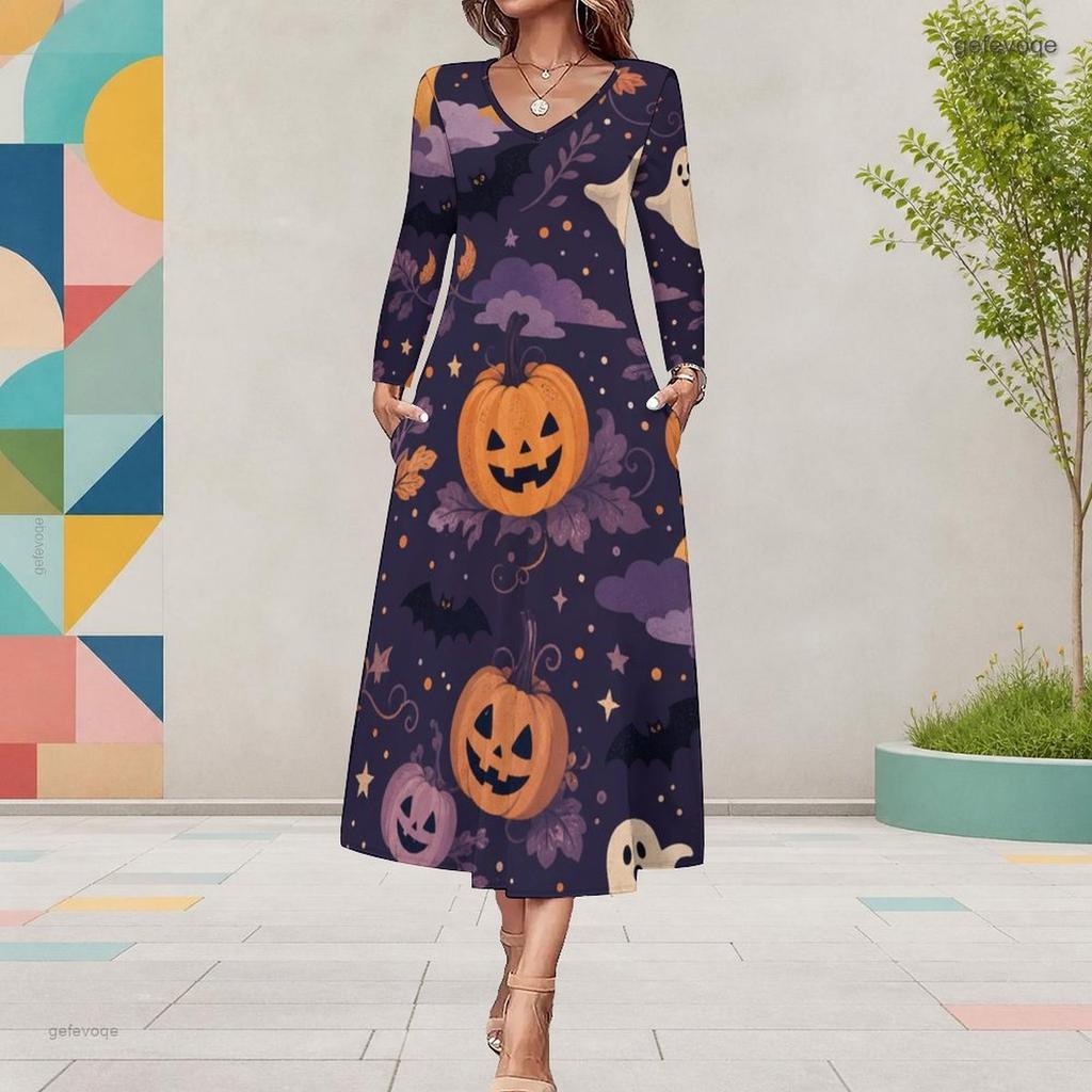 Women Plus Size V Neck Long Sleeve Halloween Printed A Line Midi Dress With Pockets