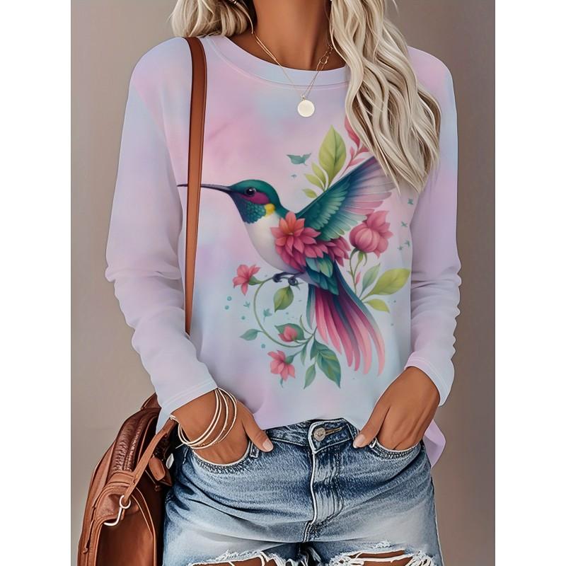 Womens Loose Fit Long Sleeve Round Neck Tee With 3D Peacock Cat Print - Milk Silk Fabric 2025 Casual Top
