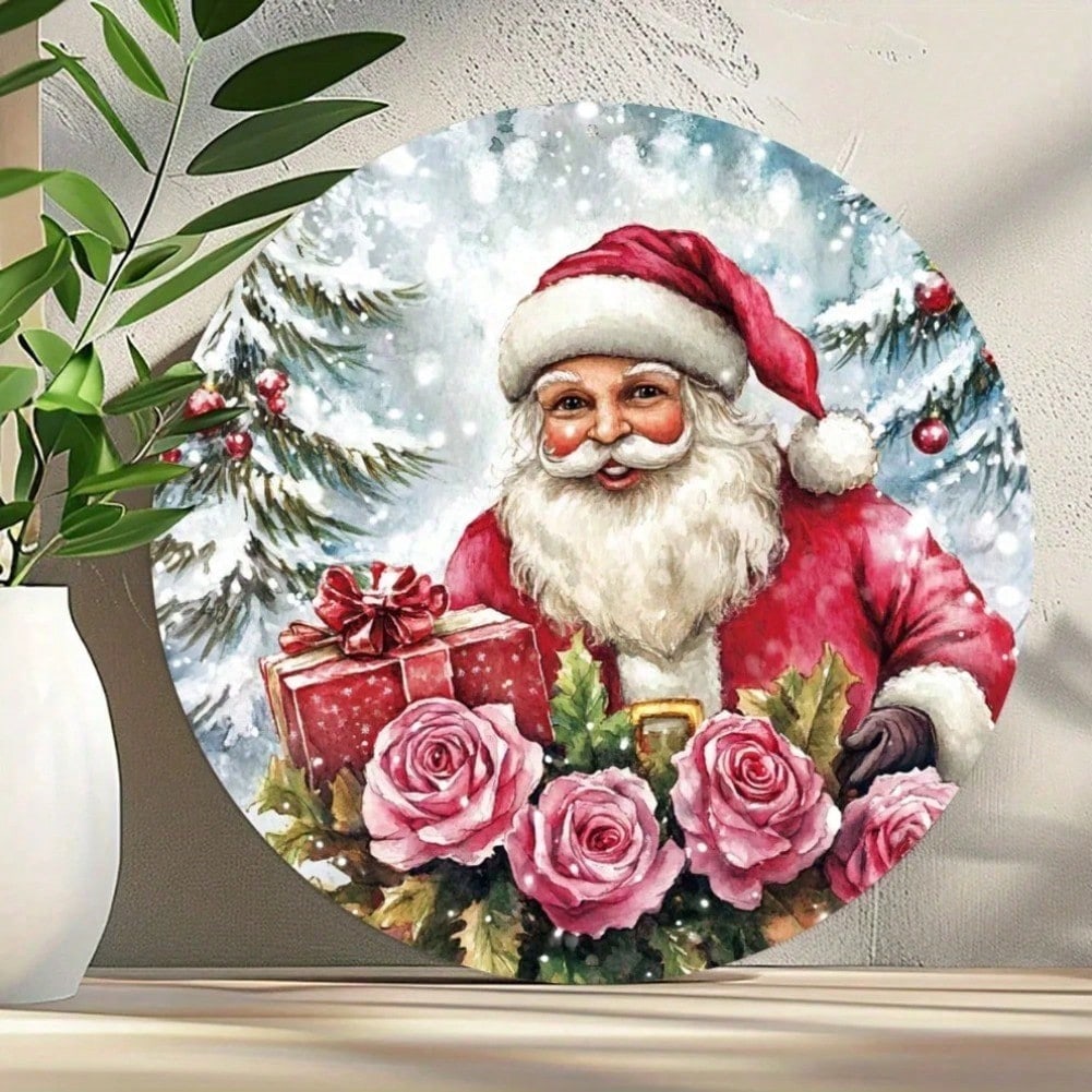 

Vintage Santa Pink Roses Round Aluminum Sign 8x8 Inch Wall Decor Home Office Restaurant Holiday Gift 20x20 різнокольоровий