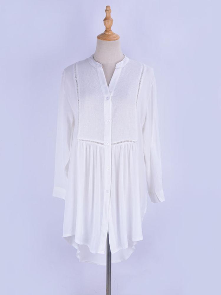 Beach Shirts Women Bikini Cover Up White Asymmetric Lace Cut Out Elegant Cotton Tunic Button Summer Bathing Suits