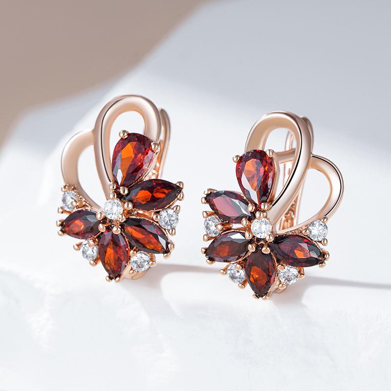 Unique Design  Rose Gold Color English Earrings For Women Red Natural Zircon Accessories Ethnic Bride Daily Jewelry