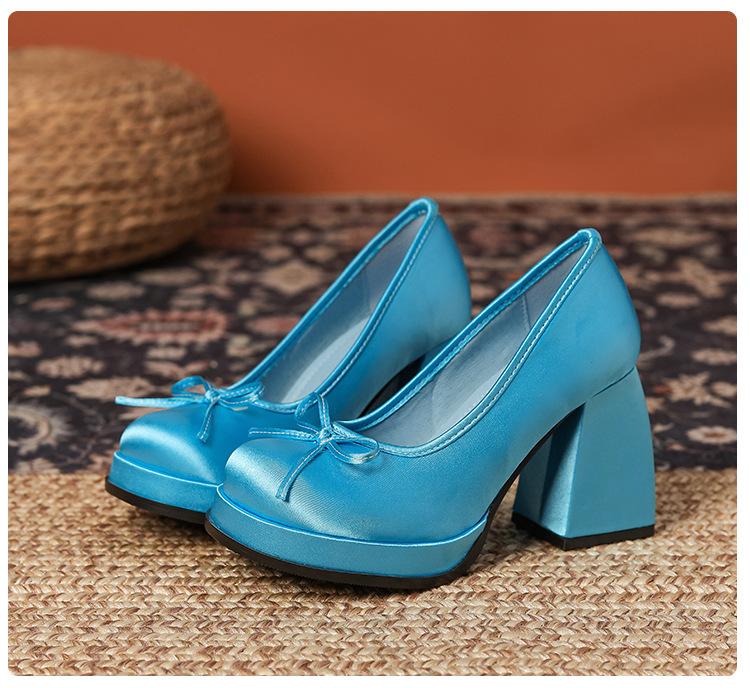 

IPPEUM Women High Heels Lolita Shoes Platforms Block Heel Ballerinas Zapatos Mujer Satin Pumps 245 синий