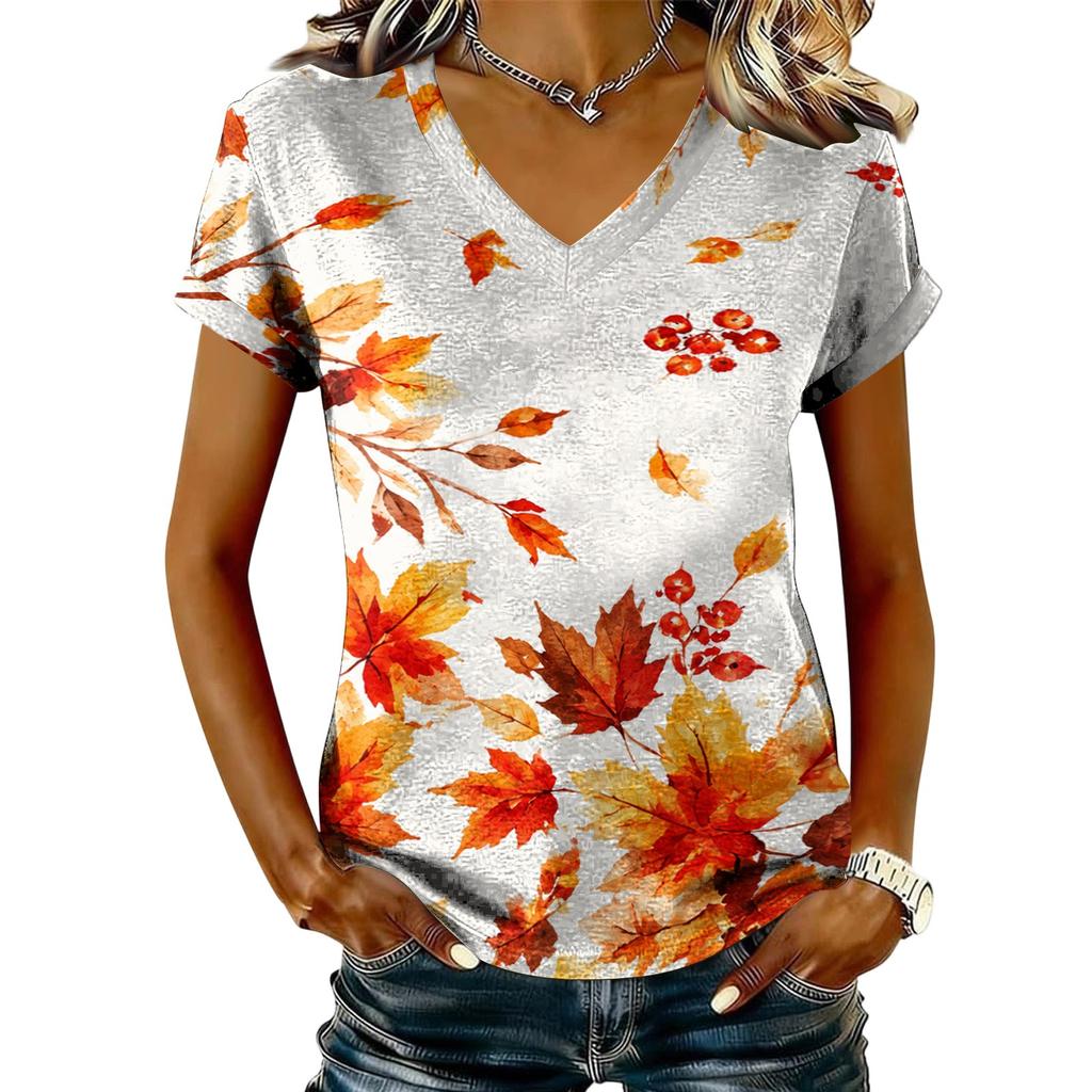 Women's Casual V-Neck Short Sleeve Top with Maple Leaf Print