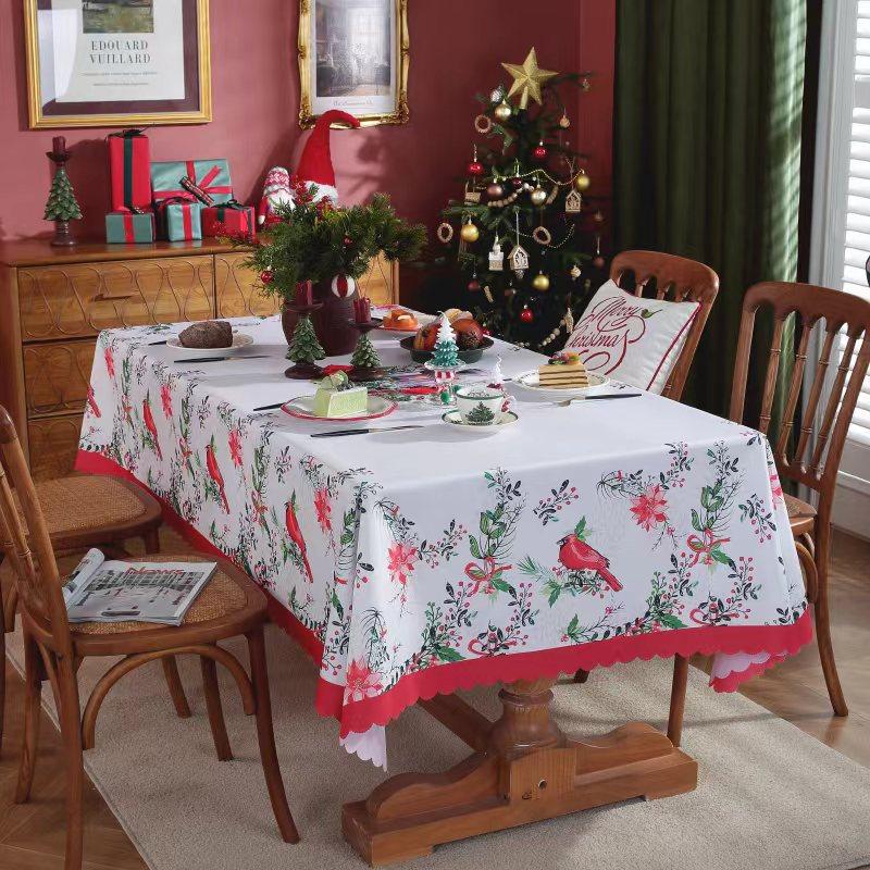 Festive Holiday Tablecloth Waterproof Polyester Embossed Rectangle Christmas Party Dining Cover with Lace