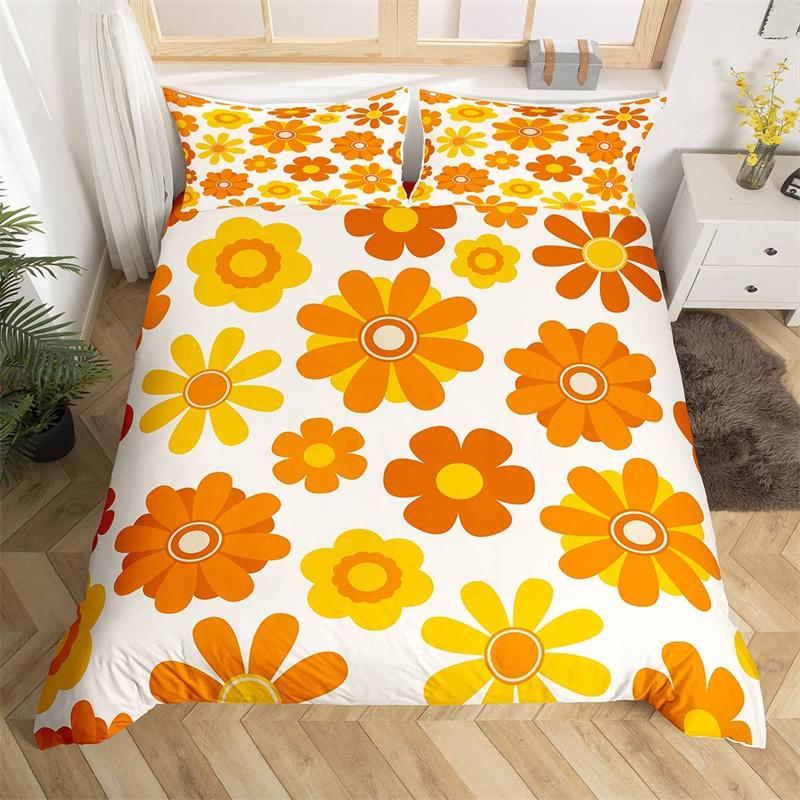 Retro Hippie Flower Duvet Cover Rainbow Floral Bedding Set Polyester Cartoon Ghost Comforter Cover Set 60S 70S Groovy Bedclothes