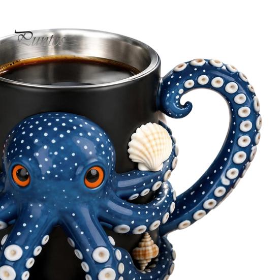 Heat Insulated Drinking Vessel Octopus Mug with Handle, Deep Sea Relief Design Resin Stainless Steel Ocean Theme Drinkware Coffee Cup, Cup for Office