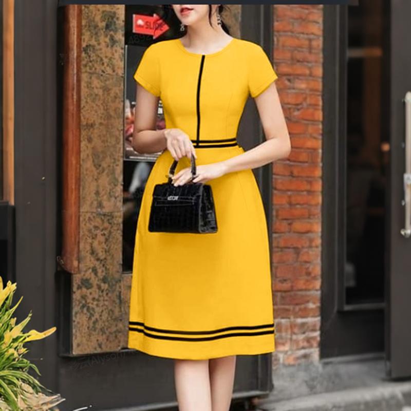 ZANZEA Women Casual Round Neck Short Sleeve Splice A-line Dress S жёлтый
