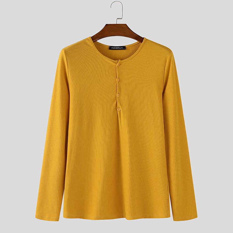 INCERUN Herbst Herren Langarm Einfarbig Rippenmuster Figurbetont Pullover Tops Unterhemden