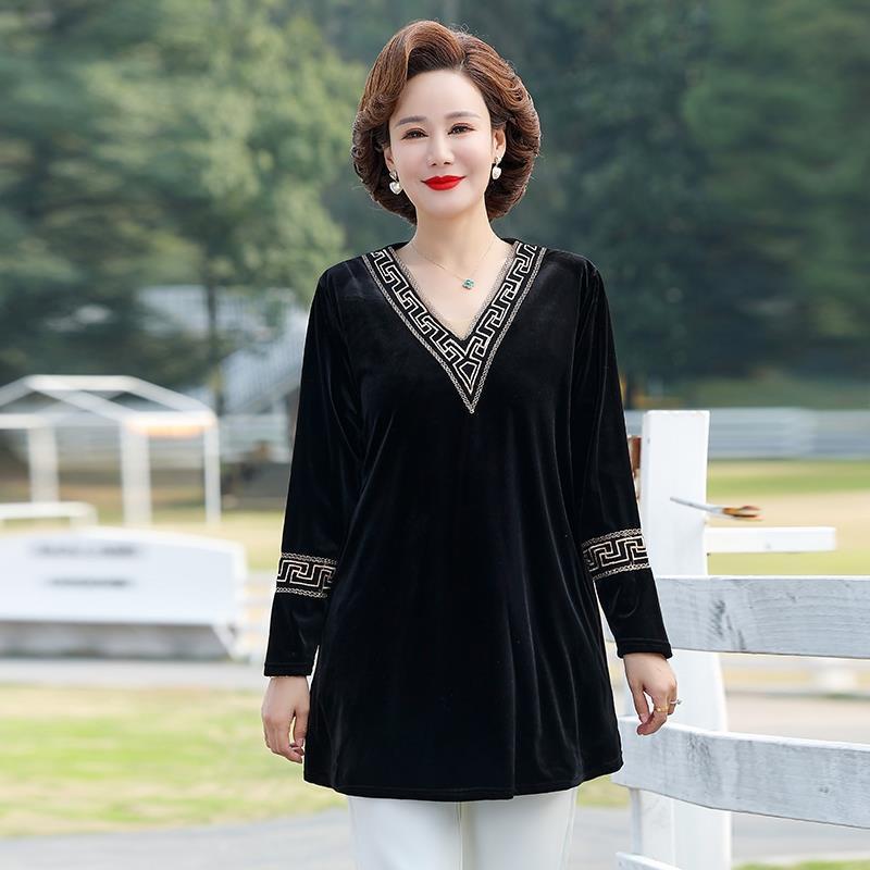 Women's Plus Size Blouse Loose V-Neck Velvet Blouse Spring Autumn Long Sleeve Velvet Pullover Top