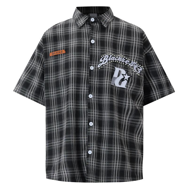 American retro black plaid shirt men s summer 2026 new letter bead embroidered street shirt trendy men M чёрный
