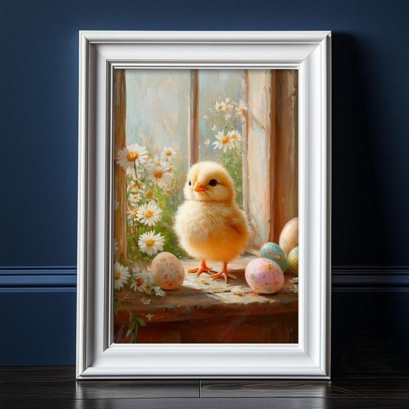 

Adorable Easter Chick with Decorated Eggs Print, Springtime Art, Spring Vintage Chick Oil Painting, Farmhouse Wall Art, Daisies 21X30CMNo Framed