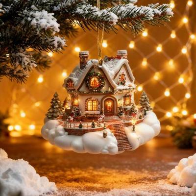 Snow Village House Ornament Rustic Log Cabin Hanging Ornament 2D Acrylic Cottage with Snow Scene for Winter Wonderland Xmas Tree Decor