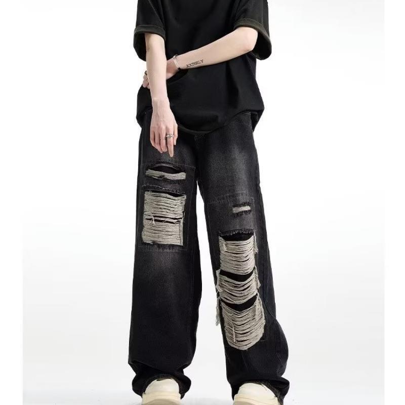 

Мужские американские ретро джинсы широкого кроя с потертостями - летняя варка, свободная посадка, модный уличный стиль. S