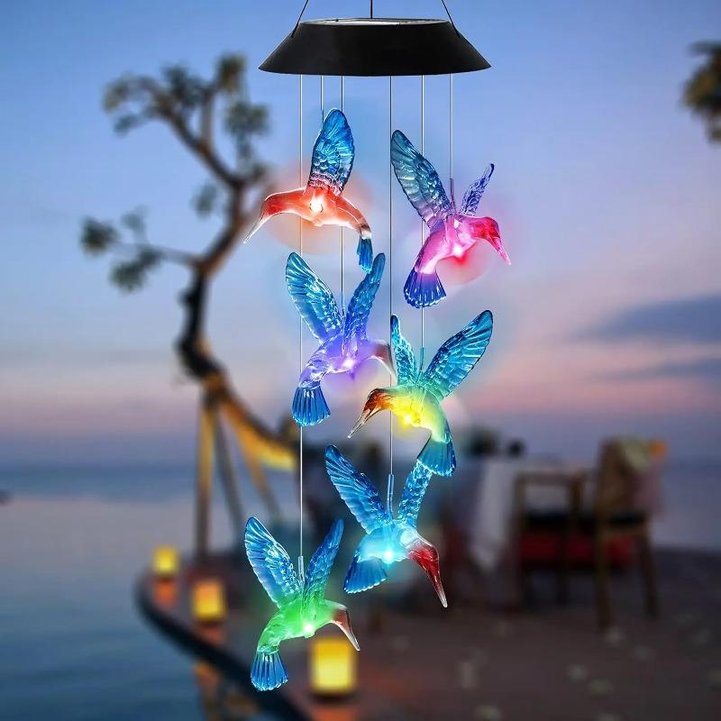 1PC Luz Solar Colibrí Azul Carrillón de Viento Decoración Exterior Decoración de Jardín Para Navidad Regalo de Jardinería Regalo de Cumpleaños