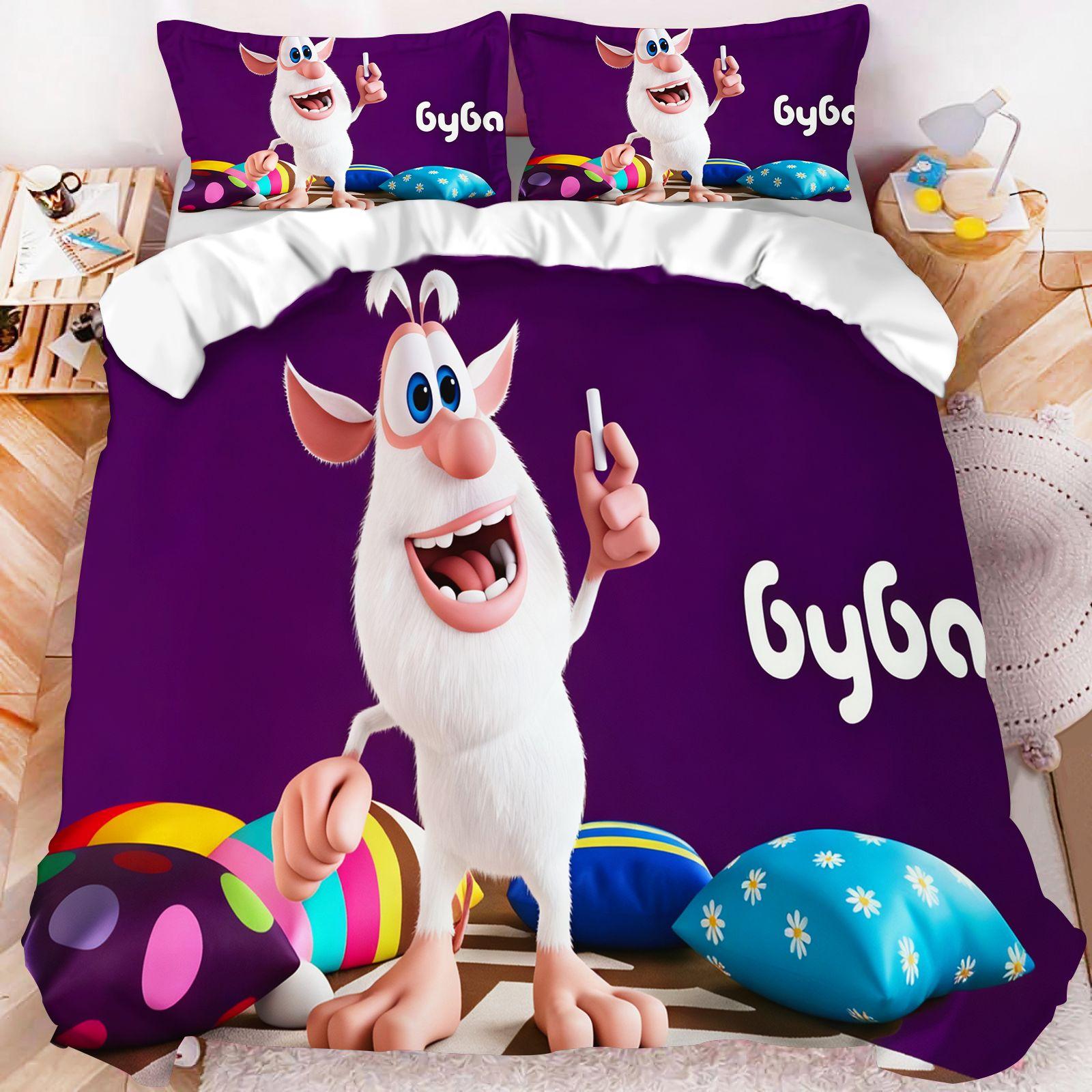 Ensemble de literie pour enfants dessin animé Booba Impression 3D Housse de couette Taie d'oreiller Linge de lit pour enfants Simple Double King Size Décoration de chambre à coucher à la maison 135X200CM white