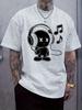 Casual Crew Neck T-shirt with Cartoon Music Player Print