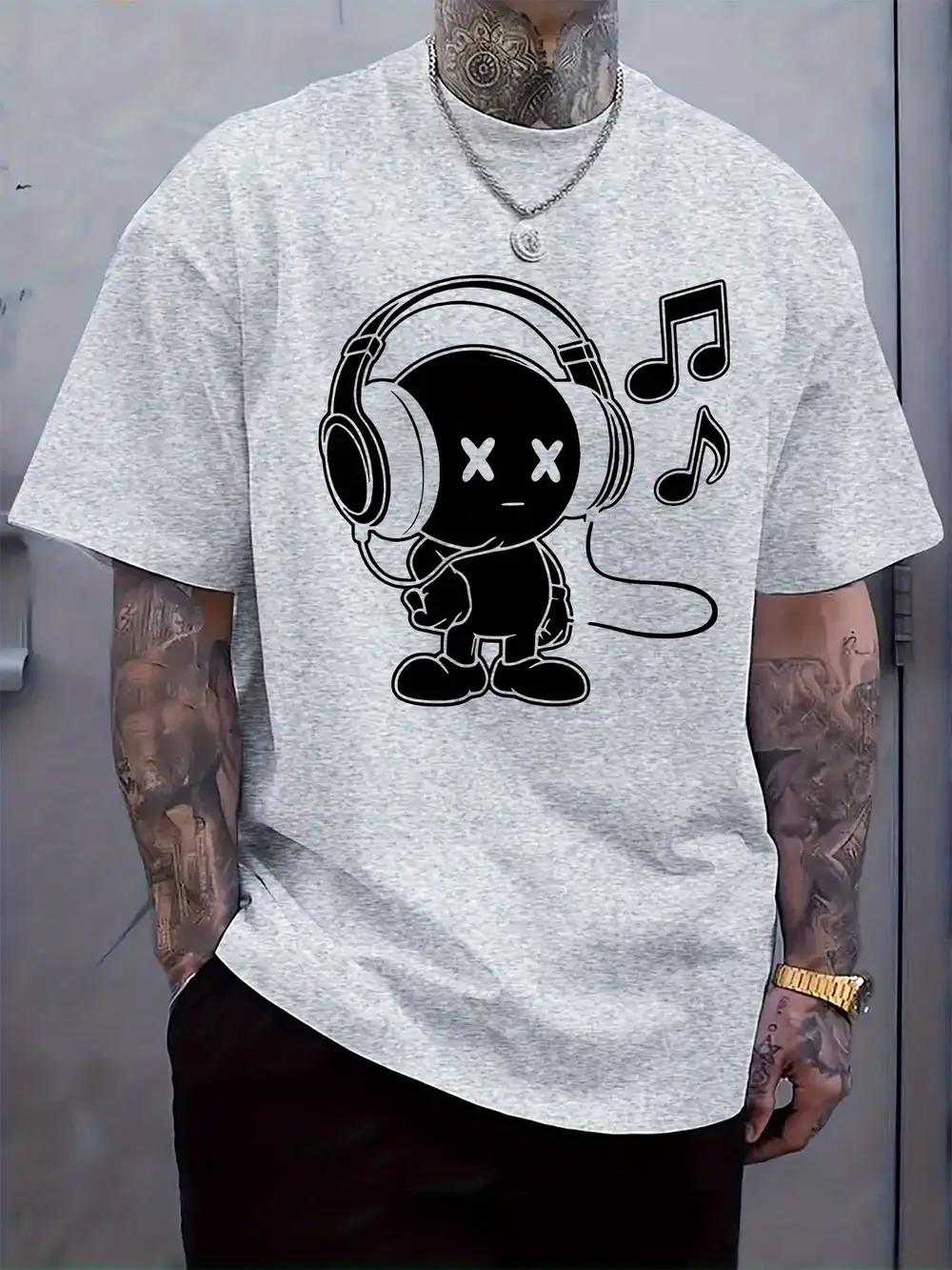 Casual Crew Neck T-shirt with Cartoon Music Player Print XXXXL