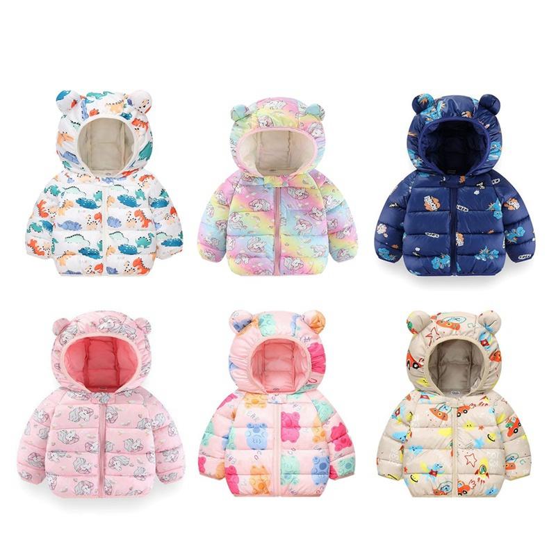 1-8 Years Kids Girls Winter Warm Hooded Coat Printed Zipper Jacket