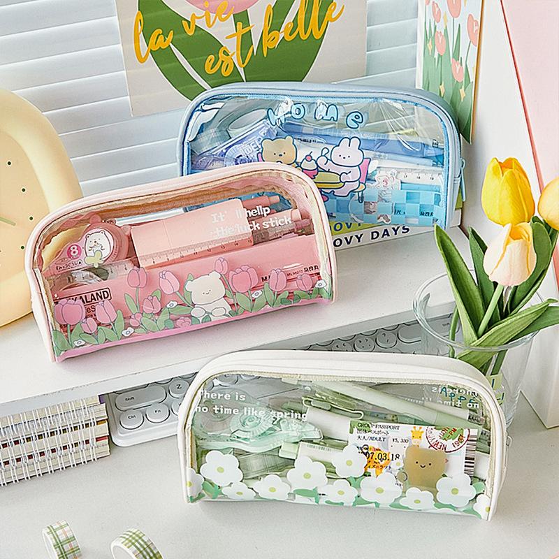 Spring Collection Pen Bag Pencil Case PU PVC Transparent Flower Storage Pouch for Stationery School