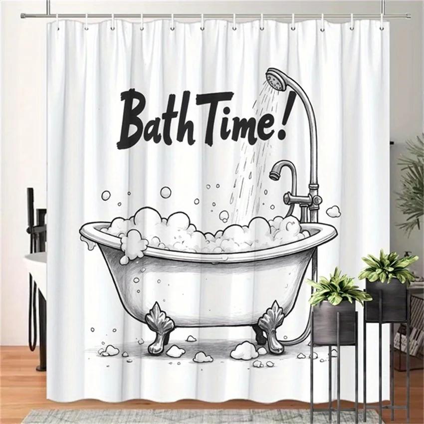 

Vintage Clawfoot Bathtub Shower Curtain - Retro Bubbles Design With Bath Time! Text, Durable Polyester, Nostalgic Bath Decor W60H190(CM)-1 Pcs