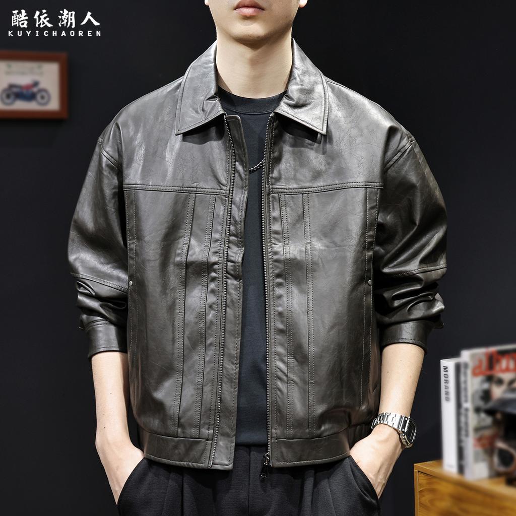 "Wire" simulated cowhide embossed PU leather retro locomotive leather jacket men's autumn large size leather jacket