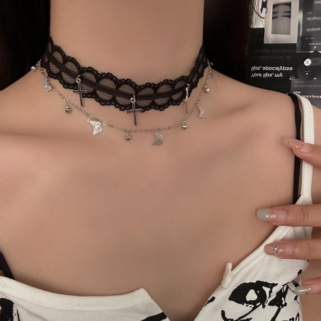 Black White Lace Cross Butterfly Pendant Necklaces for Women Girls Sexy Sweet Cool Collarbone Necklace Strap Jewelry Accessories