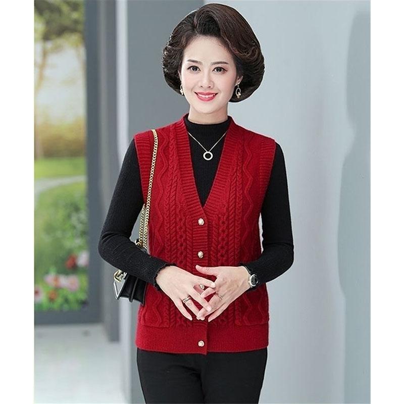 Damen Strickweste Jacke Frühling Herbst Einfarbig V-Ausschnitt Damen Mantel Mittleren Alters Mutter Dame Pullover Weste