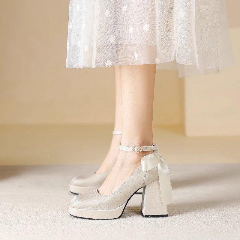 Off-White Satin Platform Mary Jane Heels with Square Toe for Spring/Summer Weddings