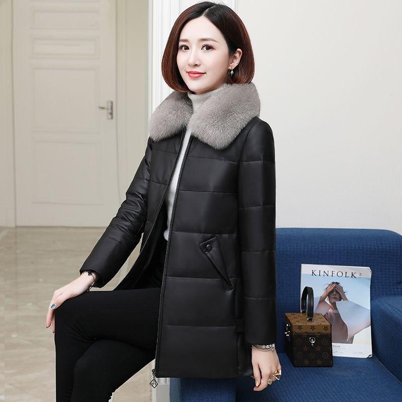 Haining Leather Jacket Women's Winter New Imitation Fox Fur Collar Leather Jacket Down Cotton-padded Jacket Women's Medium and Long Fur Jacket