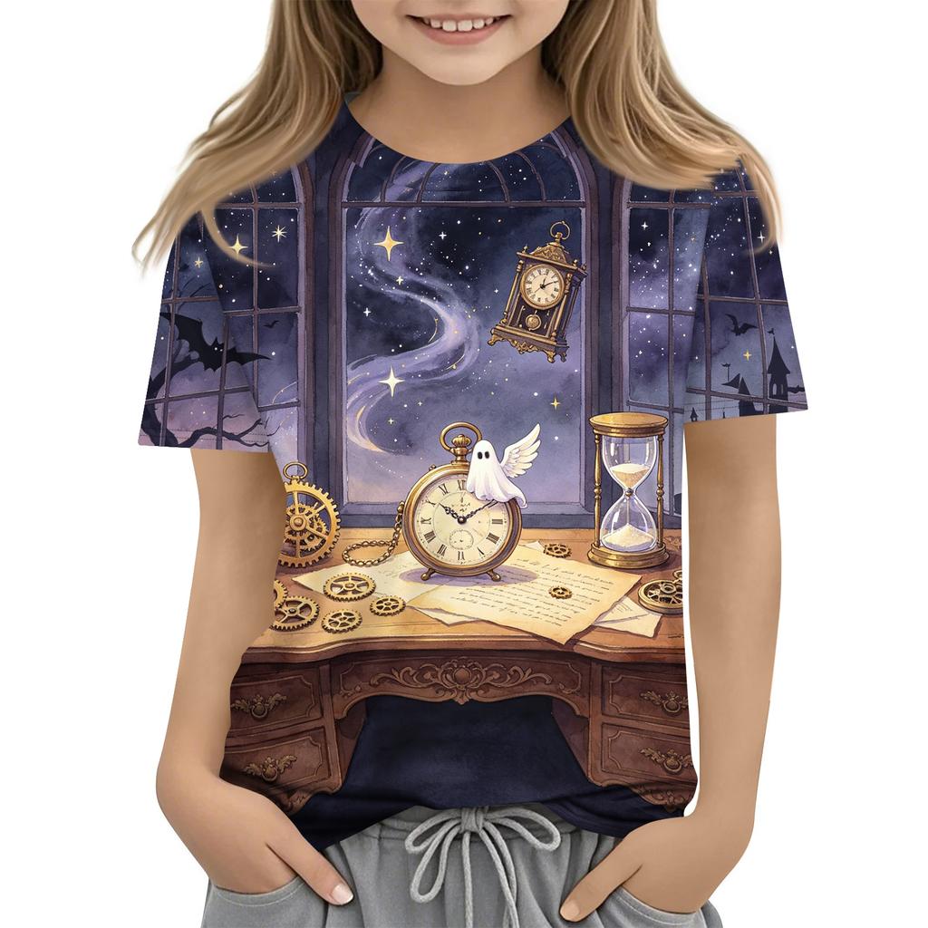 Kids Halloween Print Short Sleeve T Shirt Casual Crew Neck Top Boys Girls Comfortable Fit Soft Fabric Suitable for Everyday Wear