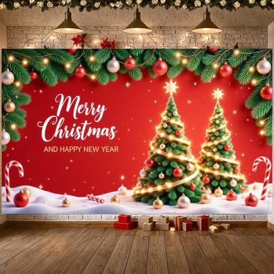 Christmas Banner Green Pine Branches Christmas Decoration Banner Xmas Banner String Lights For Mall Decoration Holiday Gathering