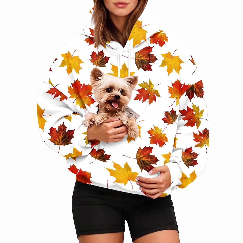 Women's Fashion Hooded Sweatshirt with Leaves Print and Pet Pocket for Casual Wear