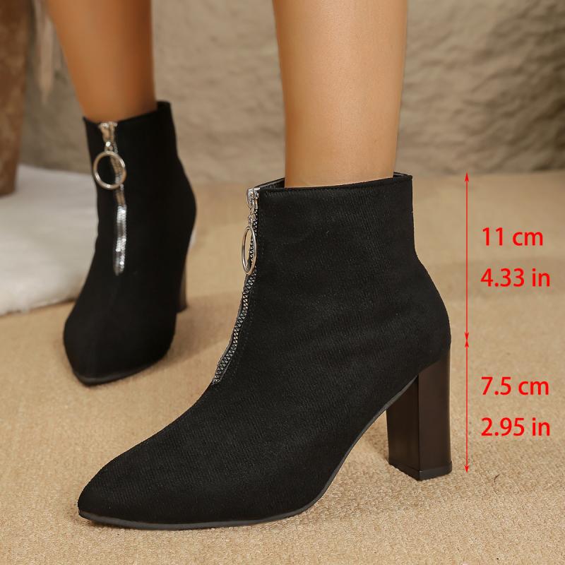 Fashion Brand Designe Metal Decoration Chelsea Boots Women 2025 Pointed Toe Square High Heel Riding Boots Fashion Black Suede Shoes
