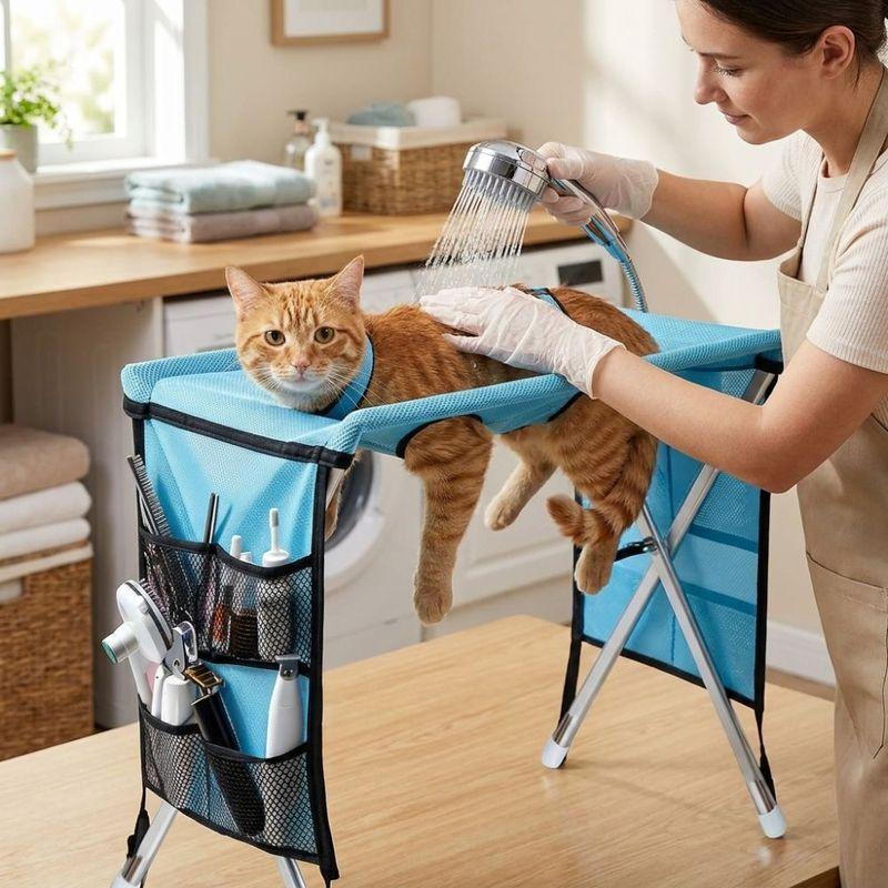 Folding Pet Grooming Hammock Anti-Scratch with Support Frame Pet Washing Station Sturdy Detachable Dog Grooming Table