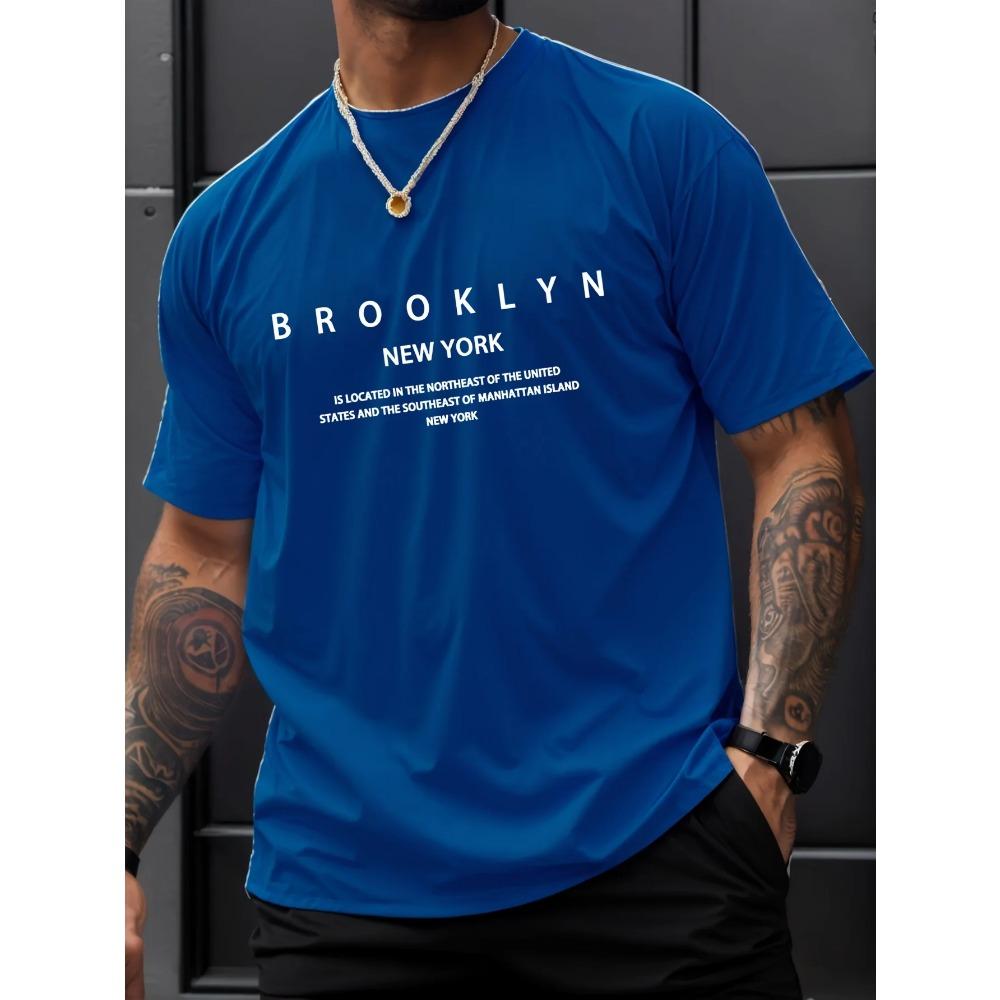 Summer Men's 100% Pure Cotton Casual Loose Plus Size Brooklyn Print Comfortable Sports Round Neck Short Sleeved T-shirt Top