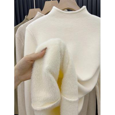 Hiver et automne chaud pull à col montant simple et polyvalent en tricot doublé polaire pour femme