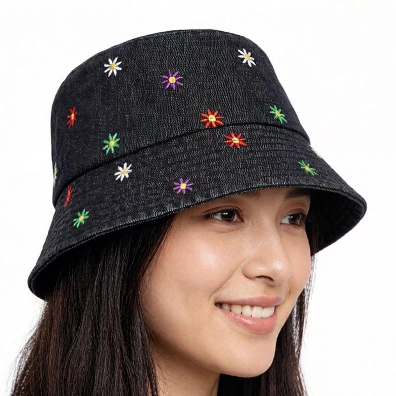 Stylish Jeans Flower Pattern Bucket Hat Extended Edge Shade Guard Unisex Warm Season Shore Hat for Various Occasion