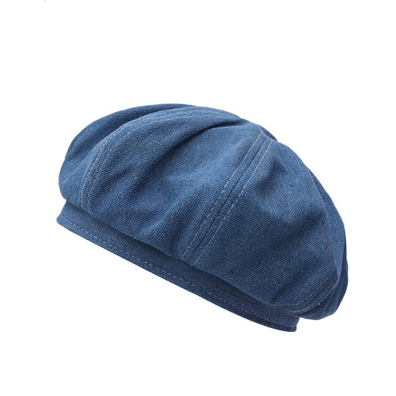 Style Artistic Retro Womens Beret In Denim Blue Warm Cotton Fabric For Seasons All