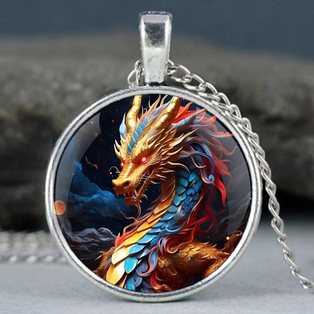Colorful Dragon Glass Dome Pendant Necklaces for Men and Women, Jewelry Accessories, Unique Gift for Kids, Fashion Accessory