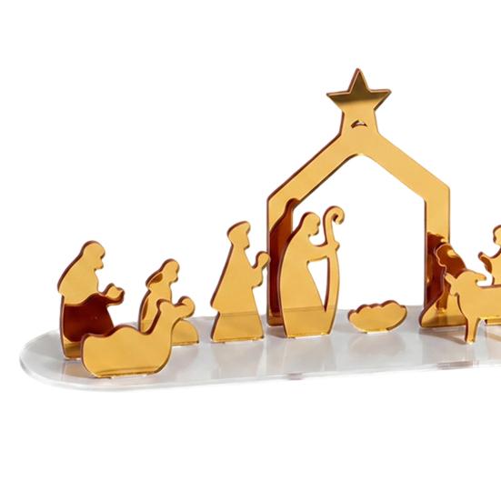 Office Holiday Decor Christmas Acrylic Ornament, Mirrored Golden Silhouette Scene, Decorative Modern Craft Desktop Display for Living Room Fireplace