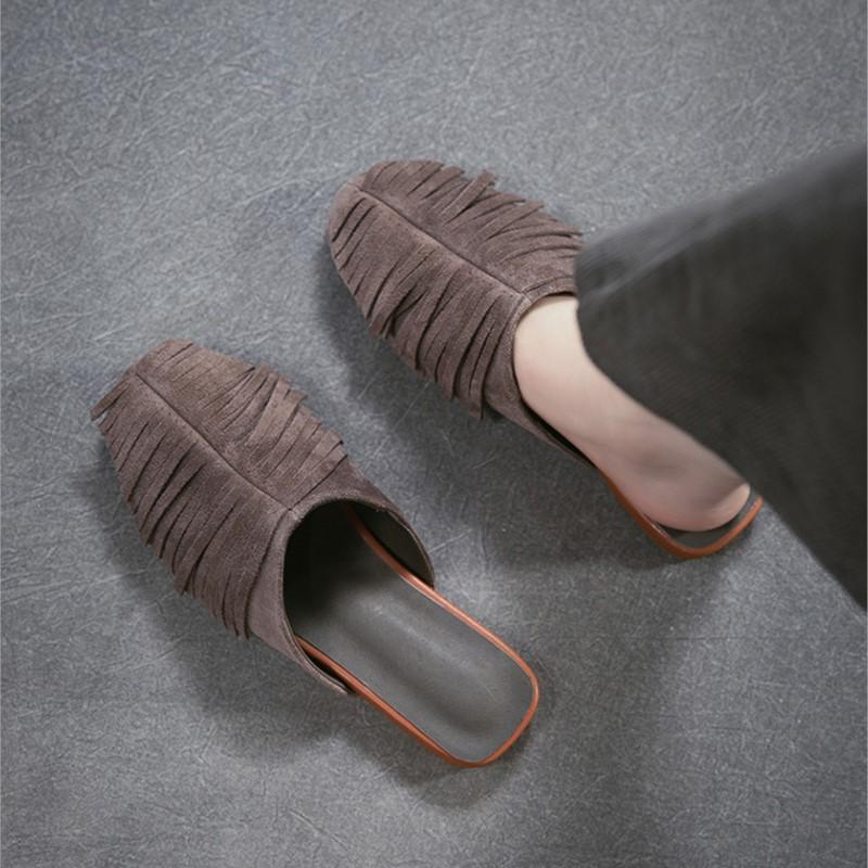 Johnature Chinelos Planos de Moda com Franjas em Camurça de Vaca Leves Confortáveis e Versáteis Sapatos Slip-on Femininos