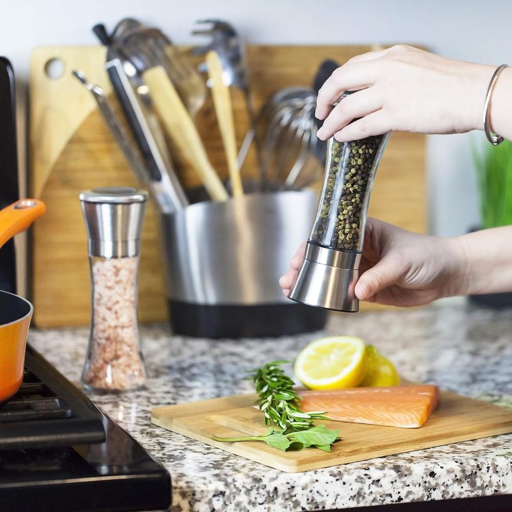 Salt And Pepper Grinder Set  with Stand Stainless Steel Combo Shakers with Adjustable Coarse Mills for Peppercorns Rock Salt