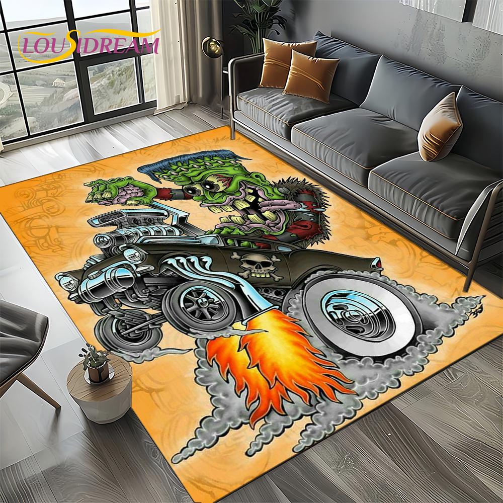RF Funny Rat Fink Cartoon Motorcycle Sign Carpet Rug for Living Room Bedroom Home Sofa Decoration,Area Rug Non-slip Floor Mat