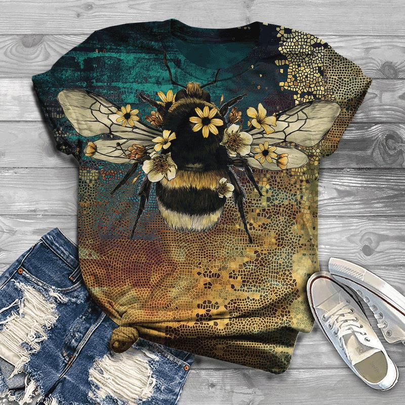Women's Short Sleeved Summer New 3D Bee Print Loose T-shirt