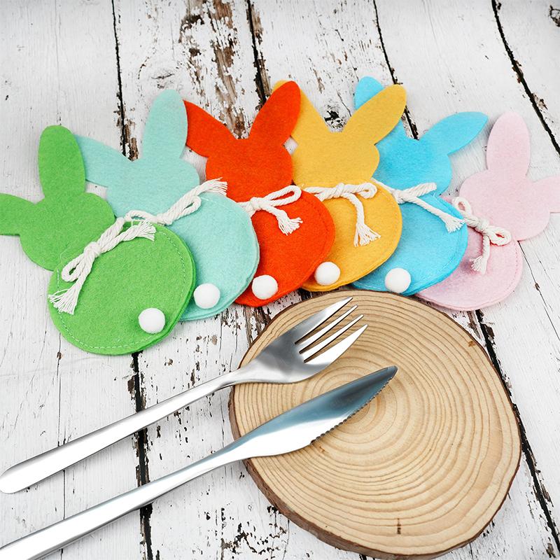 6PCS/Set Easter Bunny Felt Cutlery Holder Bag Tableware Knife Fork Cover Bag Party Accessories Happy Easter Party Decorations