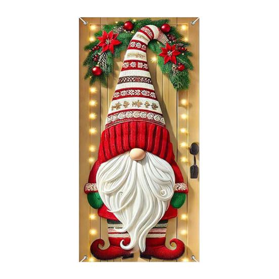 Christmas Door Cover Funny Santa Claus/Gnome/Snowman/Wreath Hanging Backdrop Door Banner 70" X 35" Winter Porch Sign for Home Yard Wall Decor